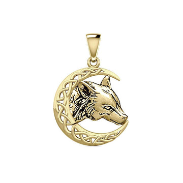 Wolf with Celtic Crescent Moon Solid Gold Pendant GPD5726 - Jewelry